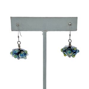 Estate Sterling Silver 925 Blue Black Yellow Bubble Glass Dangle Earrings